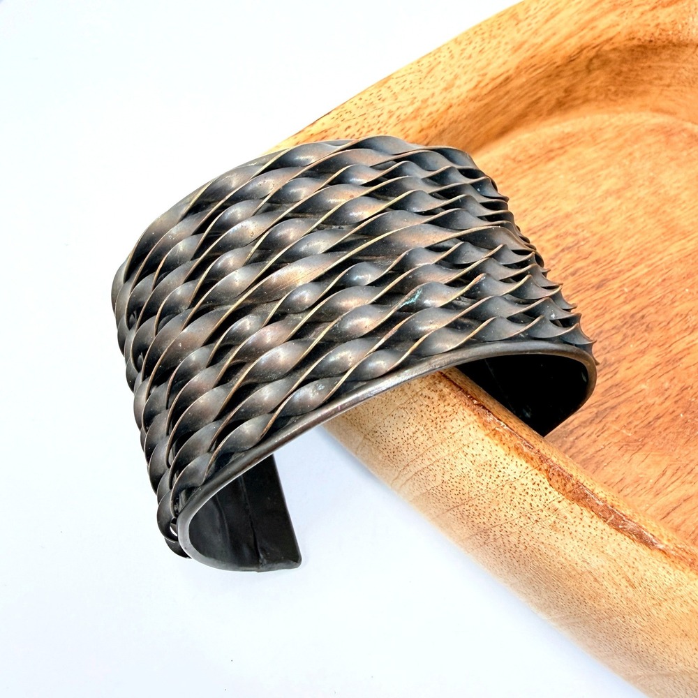 Vintage 1970s Wide Twisted Copper Patina Woven Brutalist Statement Cuff Bracelet